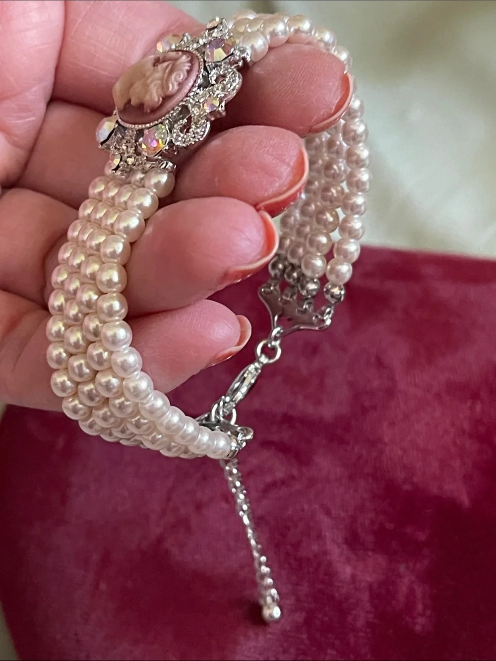 CAMEO Pink & Pearl 4 Multi-Strand adjustable Bracelet Crystal Accent